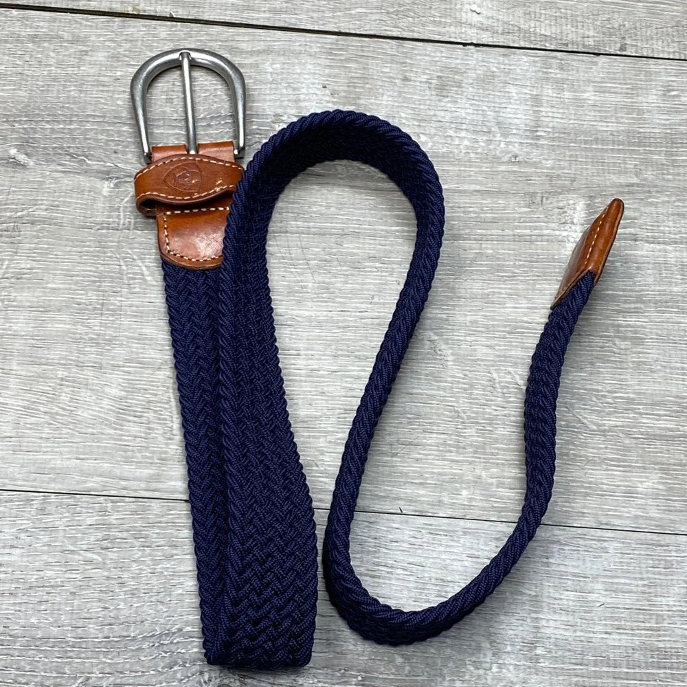 Ariat Belt Braided‎ Stretch Mens Medium Navy Blue Leather Trim Equestrian Casual